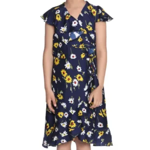 Generic Girl's Polyester Crepe Polka Cold Shoulder Dress (Navy Blue)