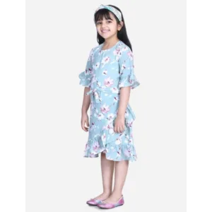 Generic Girl's Polyester Crepe Floral Bell Sleeve Dress (Turquoise Blue)