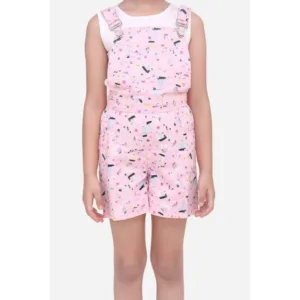 Generic Girl's Inner- Cotton Printed Sleeveless Dungaree (Light Pink)