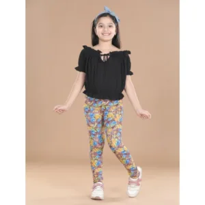 Generic Girl's Cotton Lycra Floral Elasticated Jeggings (Multicolor)