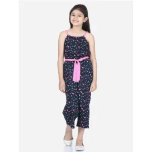 Generic Girl's Rayon Flamingo Print Sleeveless Jumpsuit (Black-Pink)