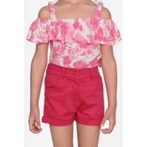 Generic Girl's Cotton Floral Cold Shoulder Top and Shorts Set (Pink-Red)