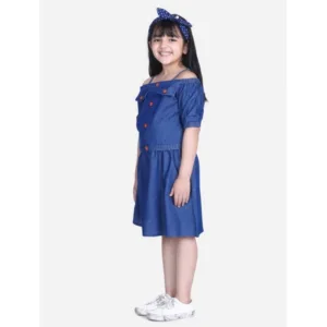 Generic Girl's Denim Solid Cold Shoulder Top and Skirt Set (Navy Blue)