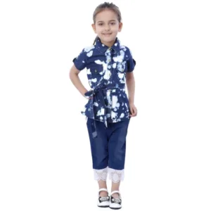 Generic Girl's Denim Tie & Dye Short Sleeve Top (Blue-White)