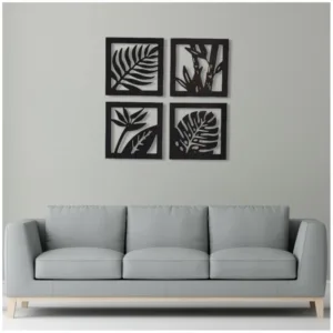 Generic 7 Decore Wooden 4 Pieces Square Tree Leaf Wall Art Panel Frame – Black (Big Size)